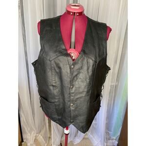 Mens leather vest motorcycle lace up sides snap front